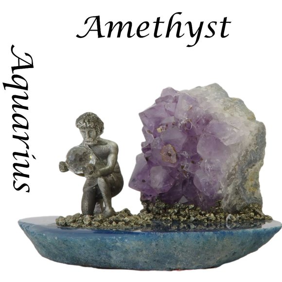 Other - Aquarius Zodiac Figurine With Amethyst On a Blue Agate Base